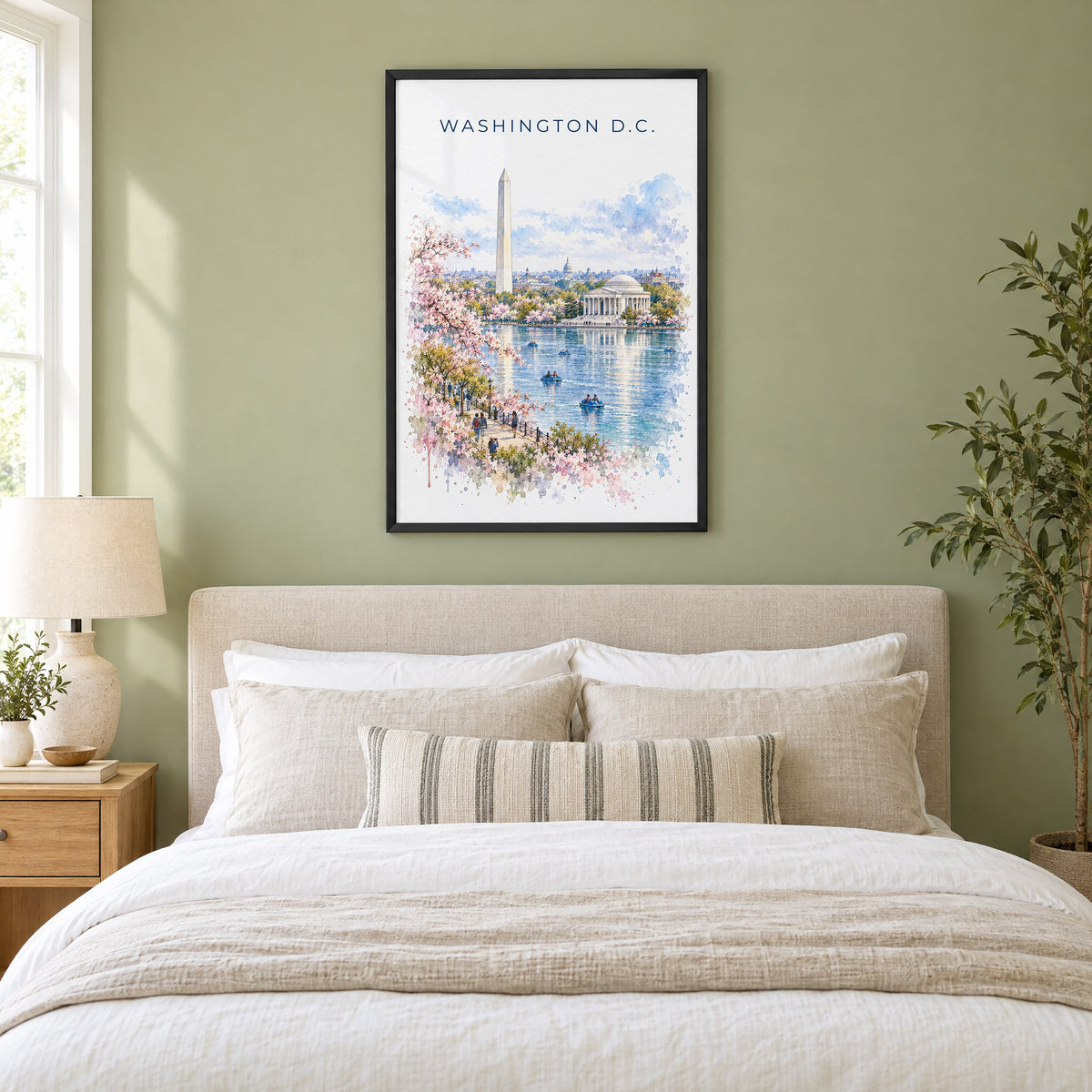 Washington, D.C. watercolor print in a black frame above an upholstered headboard in a sage green bedroom