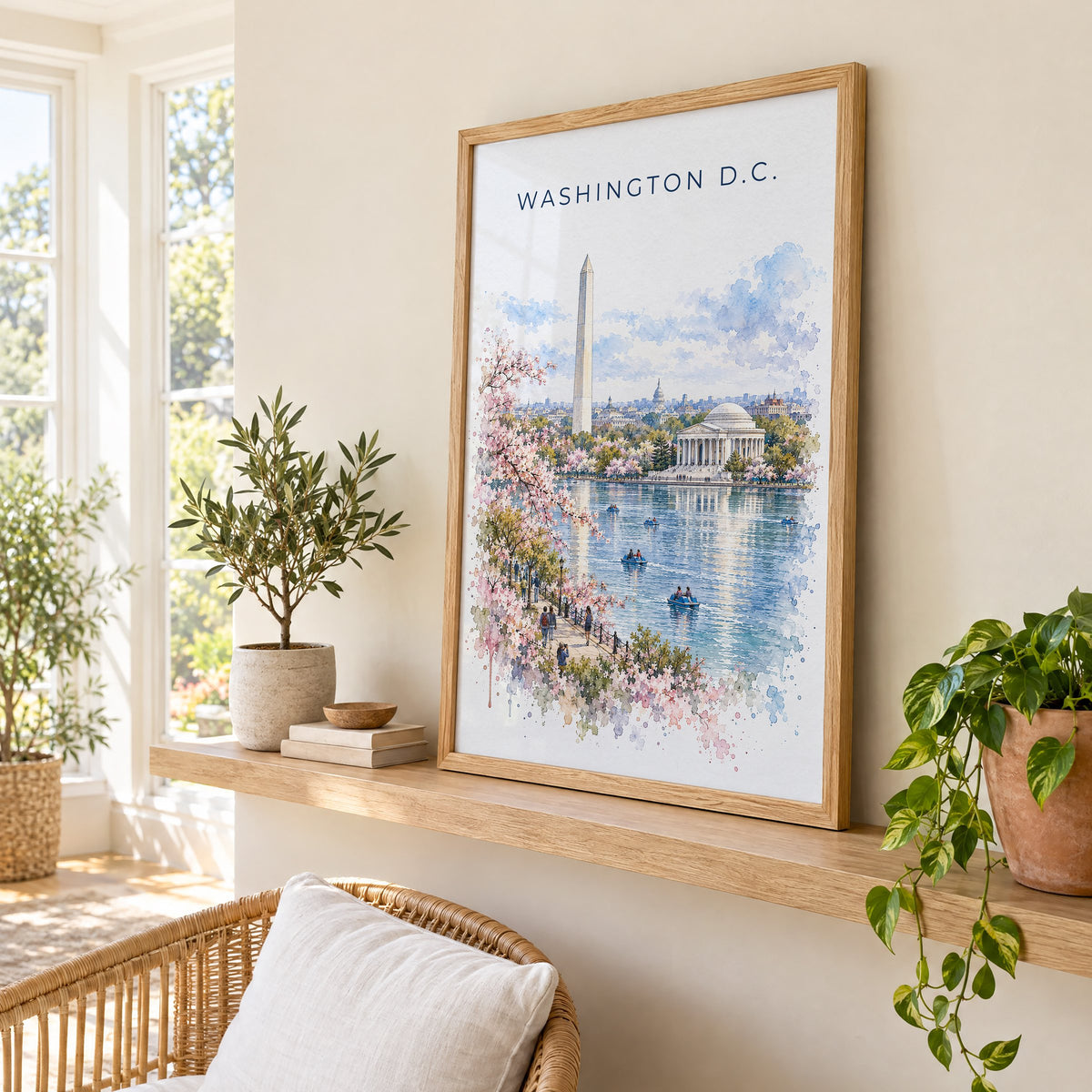 Washington, D.C. watercolor print in an oak frame on a picture ledge in a sunlit sunroom