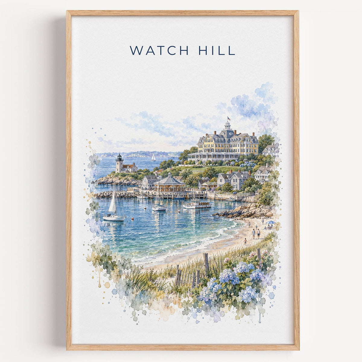 Watch Hill, Rhode Island watercolor print in a light oak frame on a plain white wall