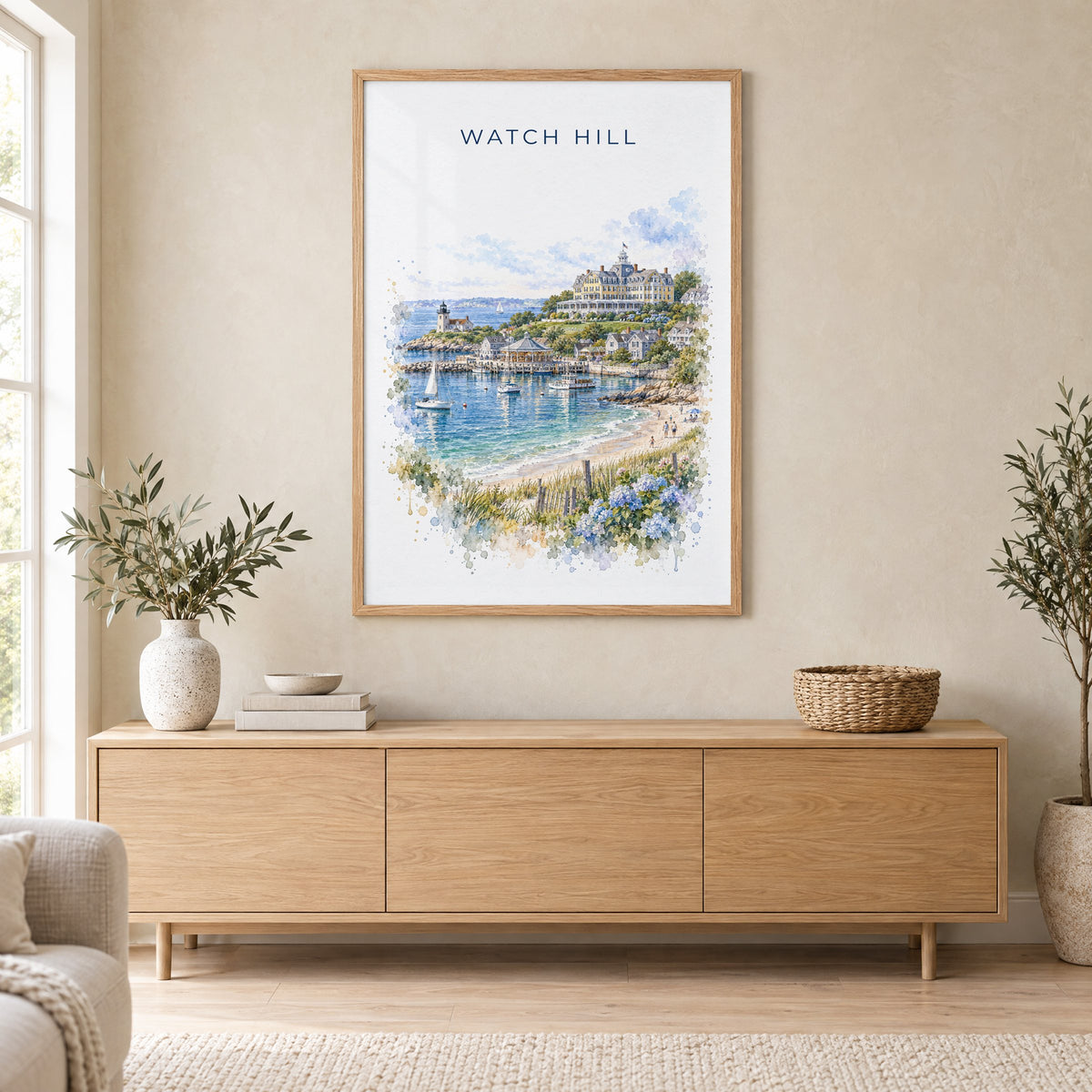 Watch Hill, Rhode Island watercolor print in an oak frame above a light wood sideboard in a Scandinavian living room