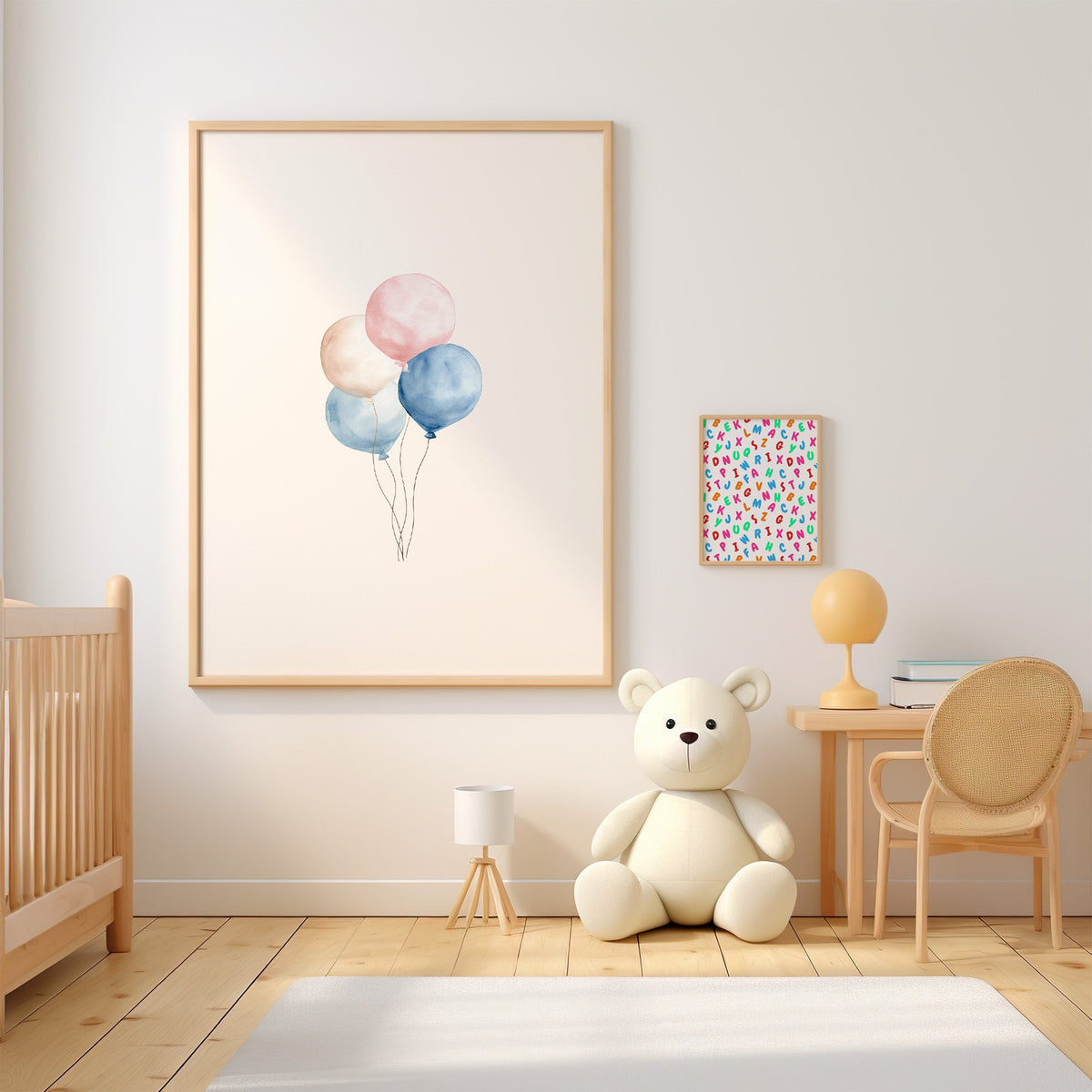 Four watercolor balloons in pink and blue nursery print in an oak frame above a wooden crib beside a cream teddy bear