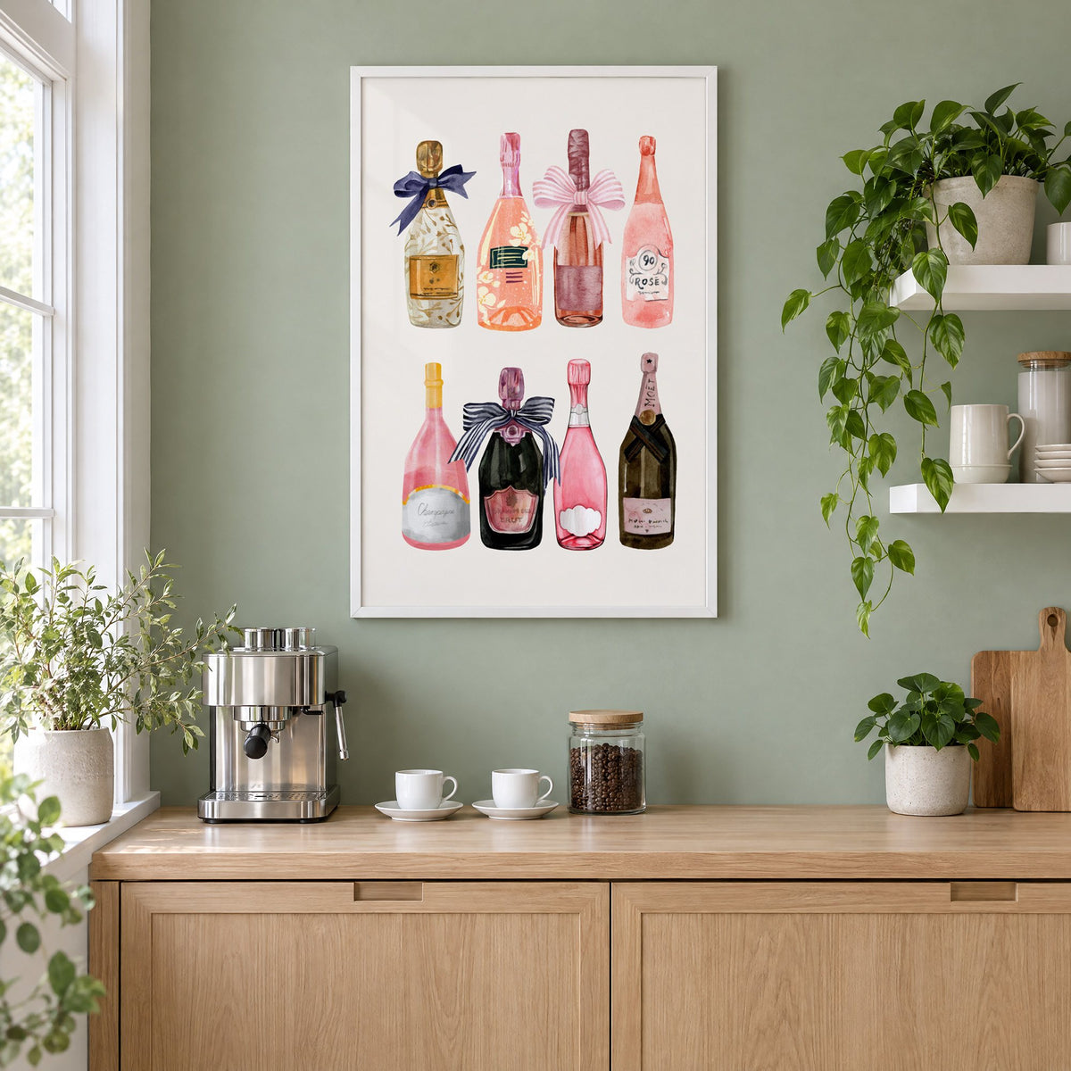 Watercolor champagne bottles print in a white frame on a sage green coffee nook wall above an espresso machine