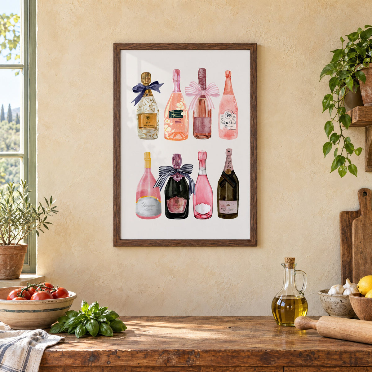 Watercolor champagne bottles print in a walnut frame above a rustic Italian kitchen table with tomatoes