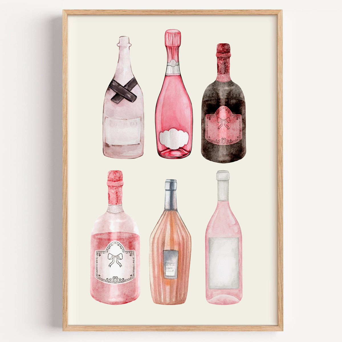 Six pink wine bottles watercolor print in a light oak frame on a plain white wall