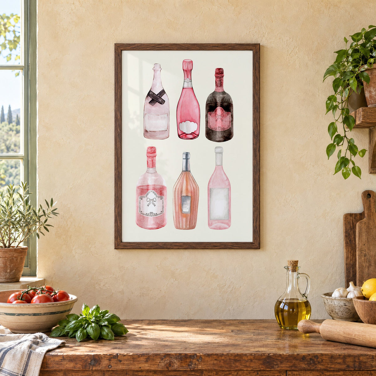 Six pink wine bottles watercolor print in a walnut frame above a rustic Italian kitchen table with tomatoes