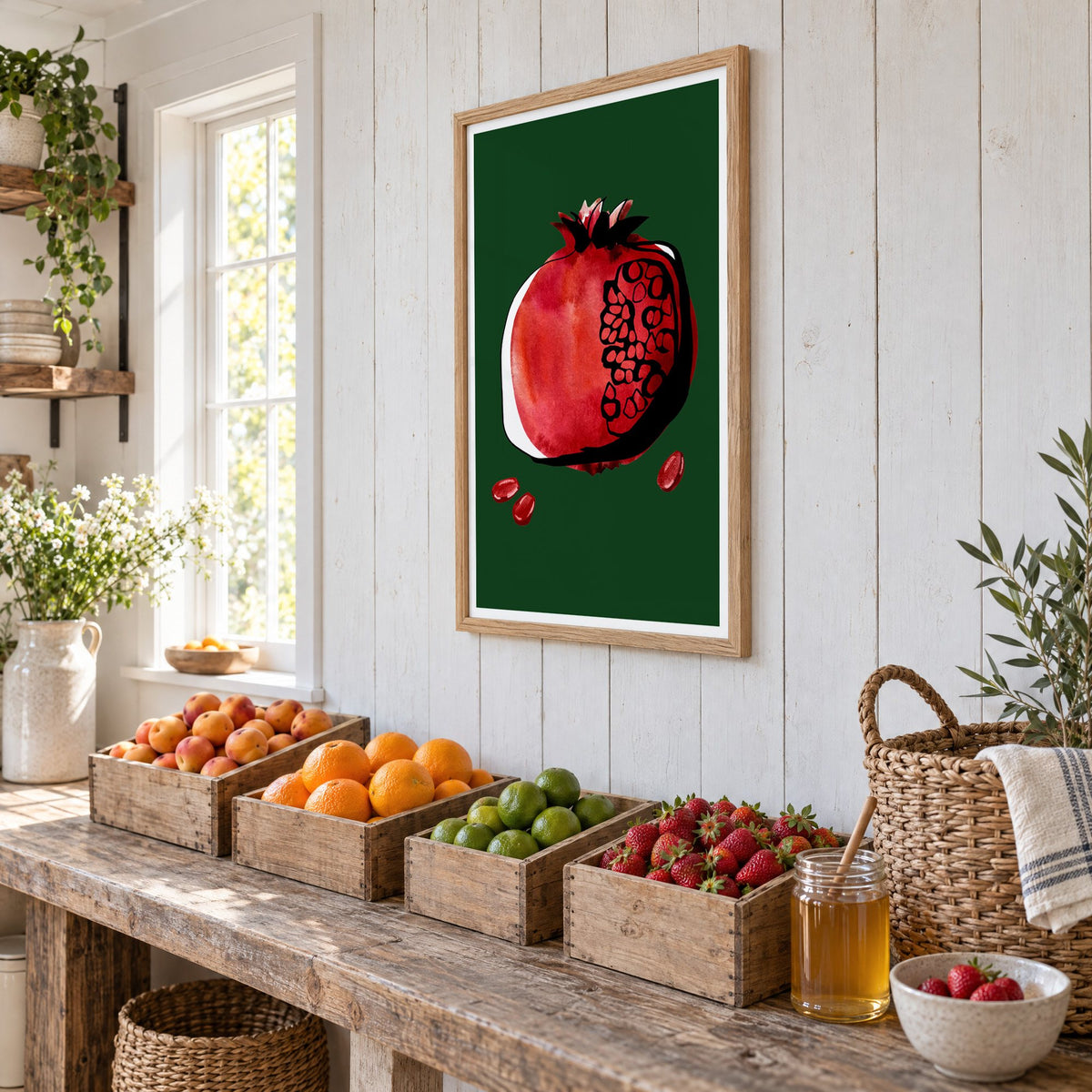 Red watercolor pomegranate on dark green print in an oak frame on white plank walls above wooden crates of fresh fruit, seen at an angle