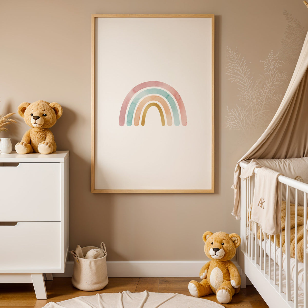 Four-band watercolor rainbow nursery print in an oak frame between a white dresser and a canopy crib