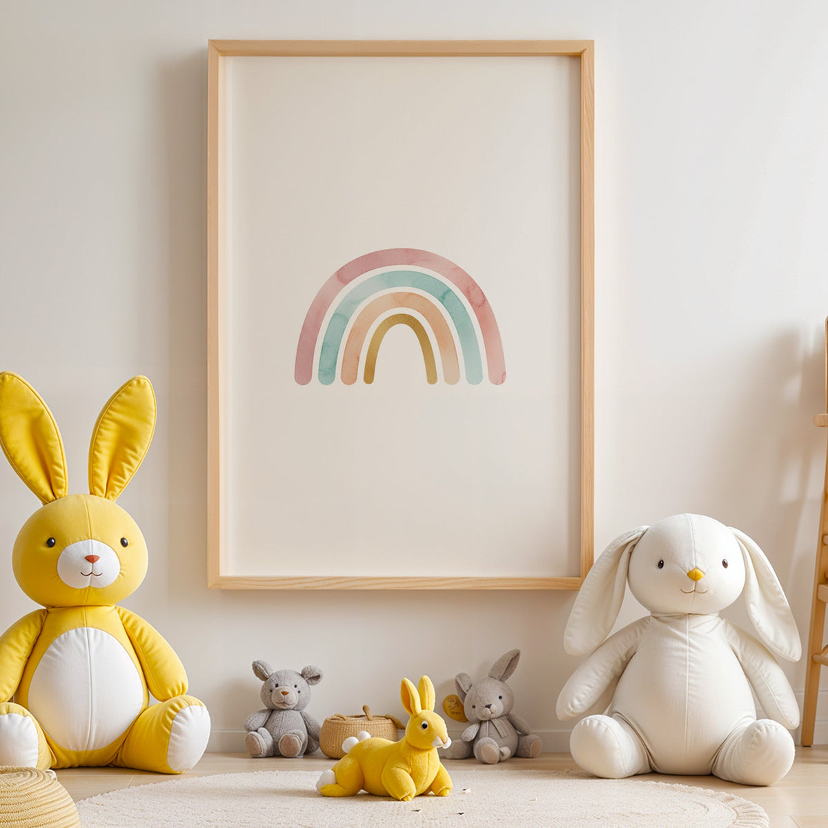 Four-band watercolor rainbow nursery print in an oak frame above yellow and white plush bunnies