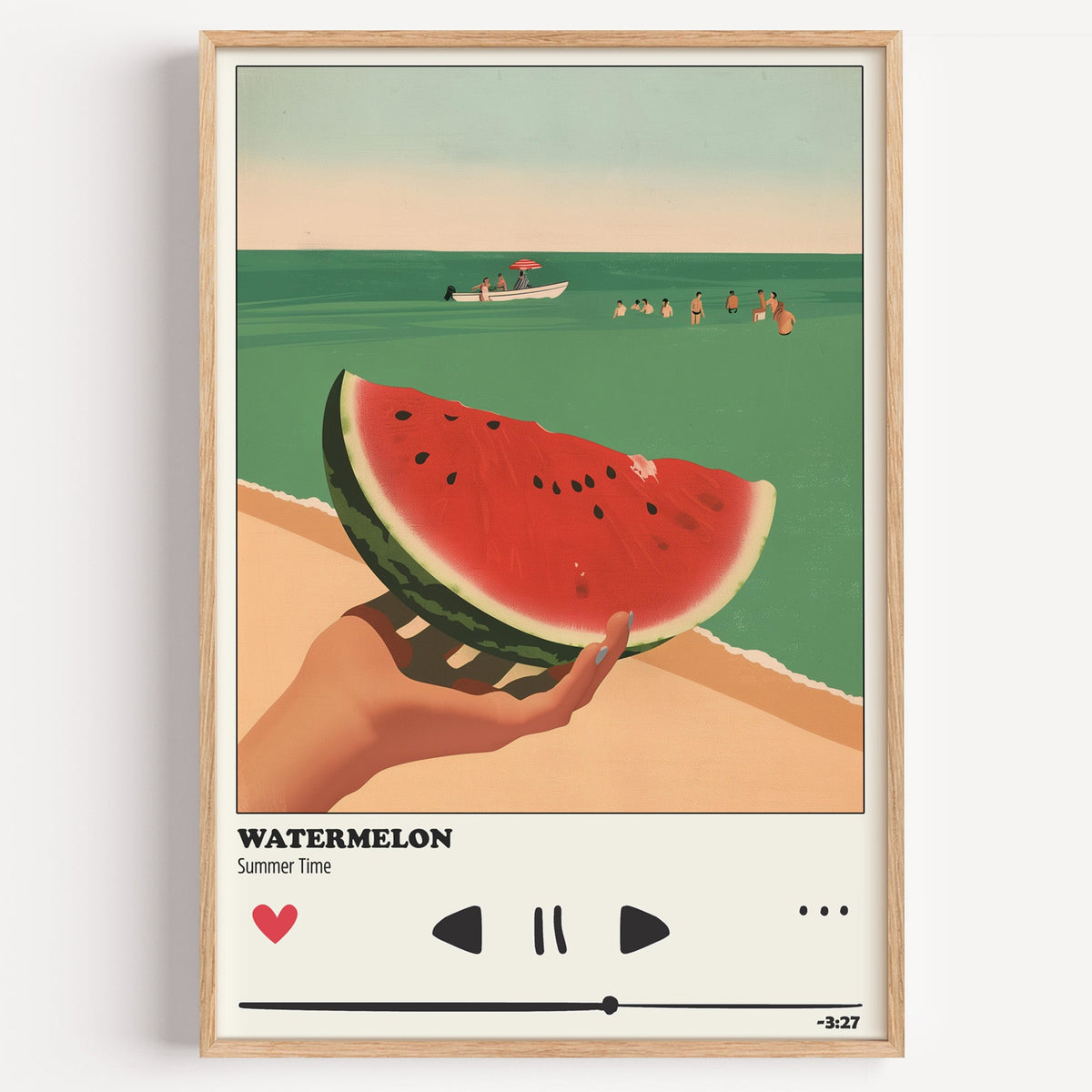 Watermelon Summer beach print in a light oak frame on a plain white wall