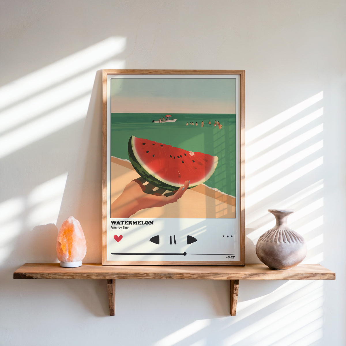 Watermelon Summer print in an oak frame on a live-edge shelf beside a salt lamp