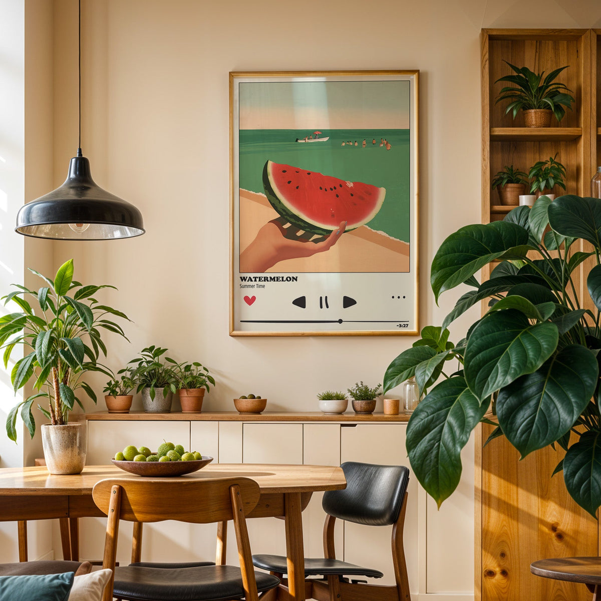 Watermelon Summer print in an oak frame in a dining room above a plant-lined sideboard