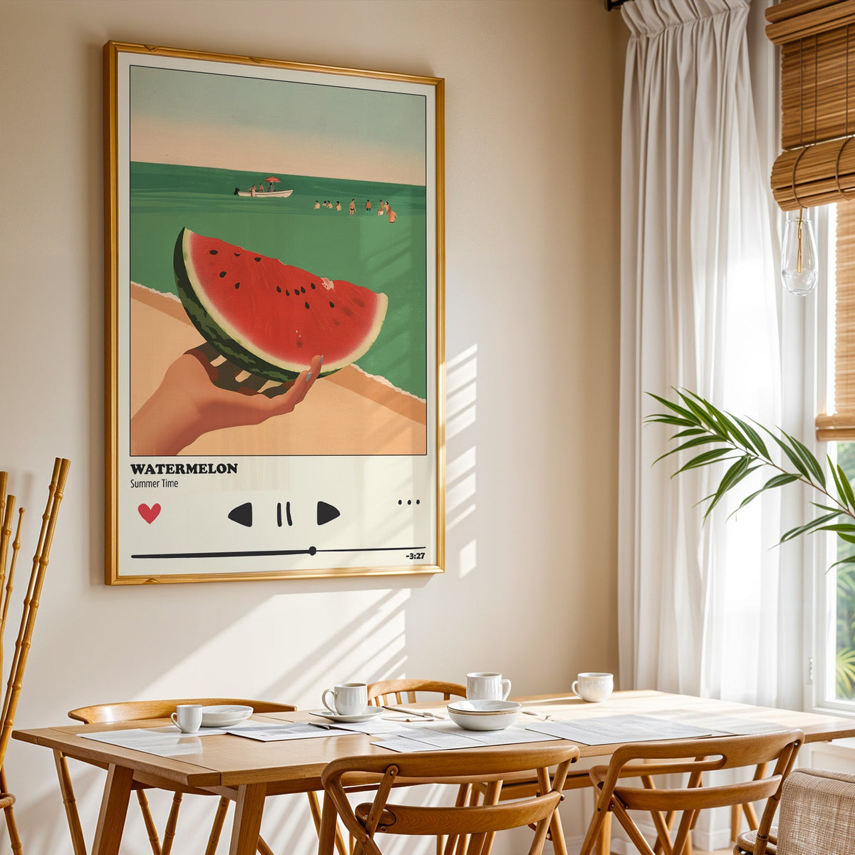 Watermelon Summer print shown in a gold frame above a breakfast table by a curtained window