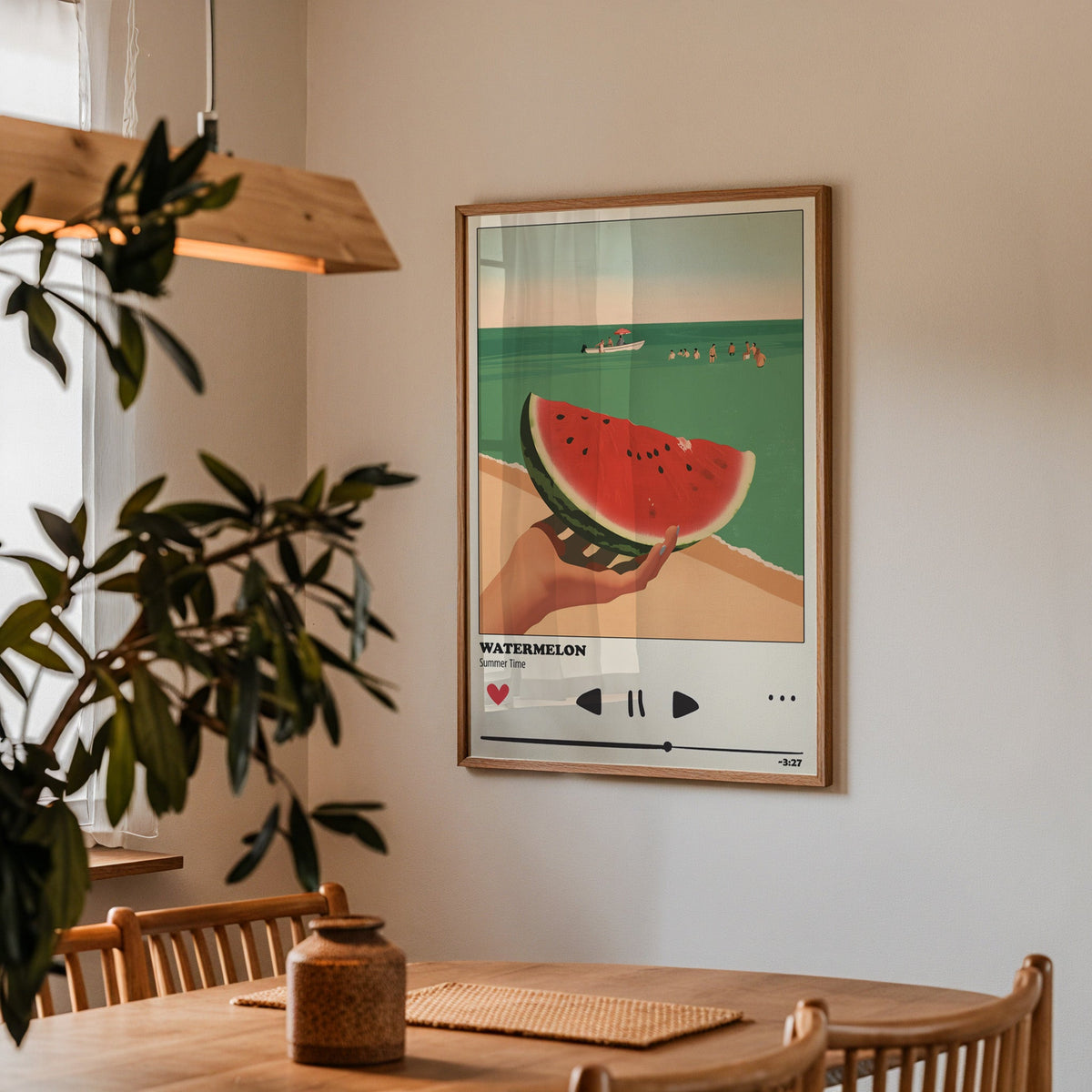 Watermelon Summer print in a walnut frame above a dining table with olive branches