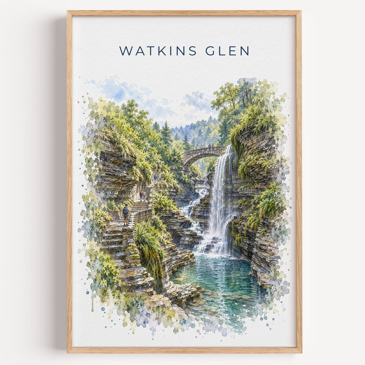 Watkins Glen watercolor print in a light oak frame on a plain white wall