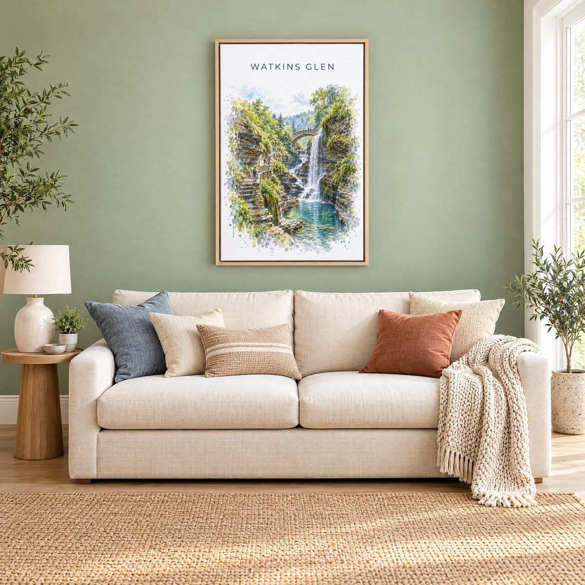 Watkins Glen watercolor print as a natural floater canvas above a cream linen sofa on a sage green wall