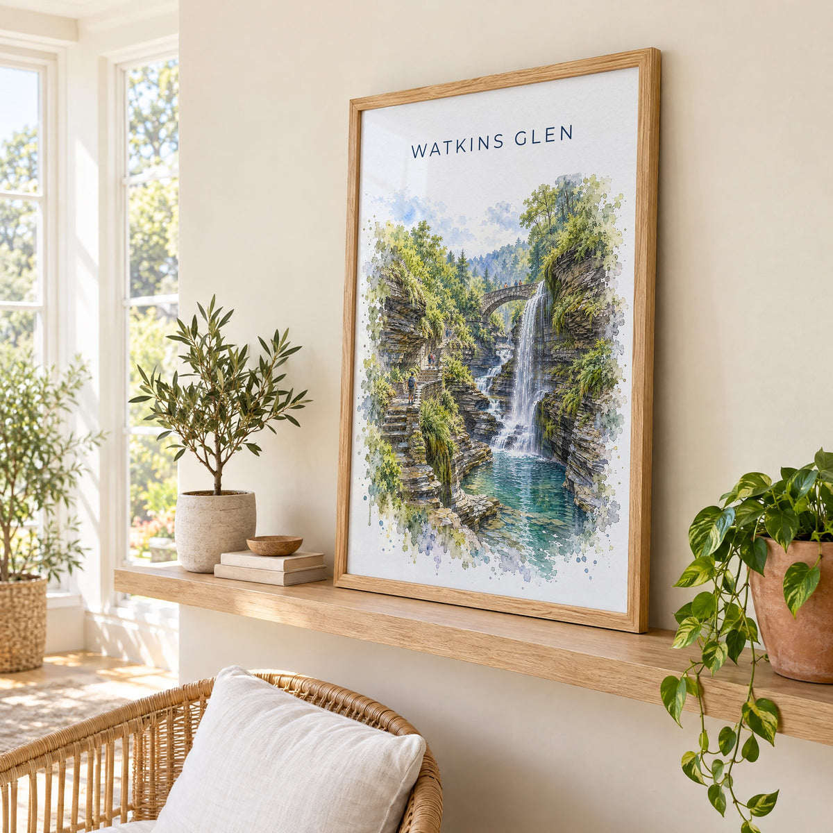 Watkins Glen watercolor print in an oak frame on a picture ledge in a sunlit sunroom