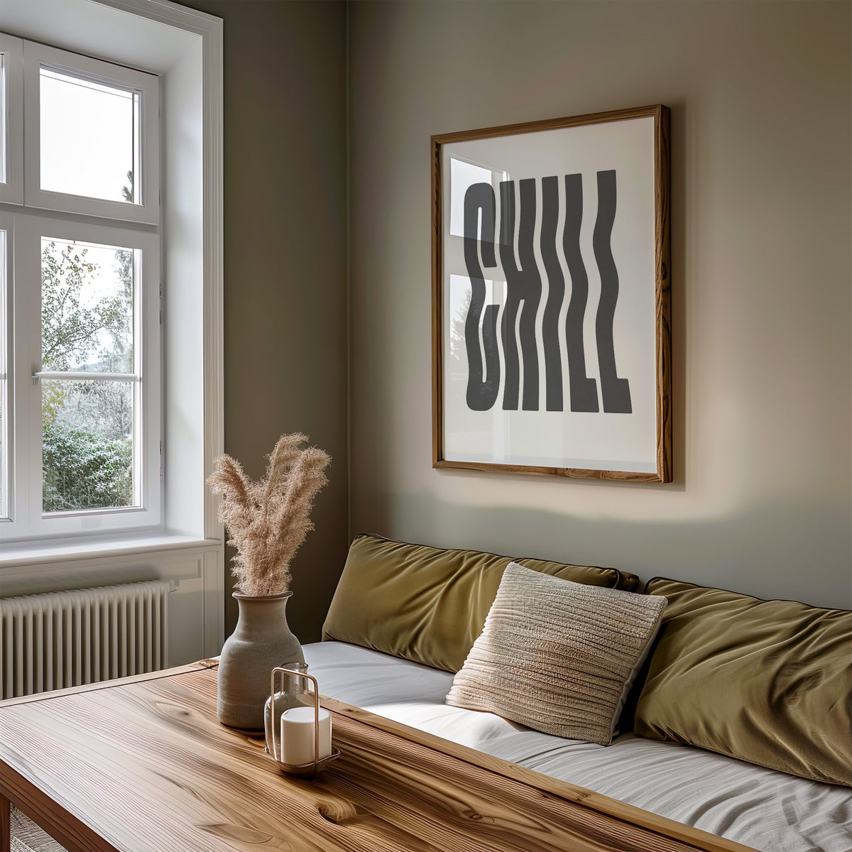 Wavy CHILL lettering on white print in a walnut frame above an olive daybed by a window