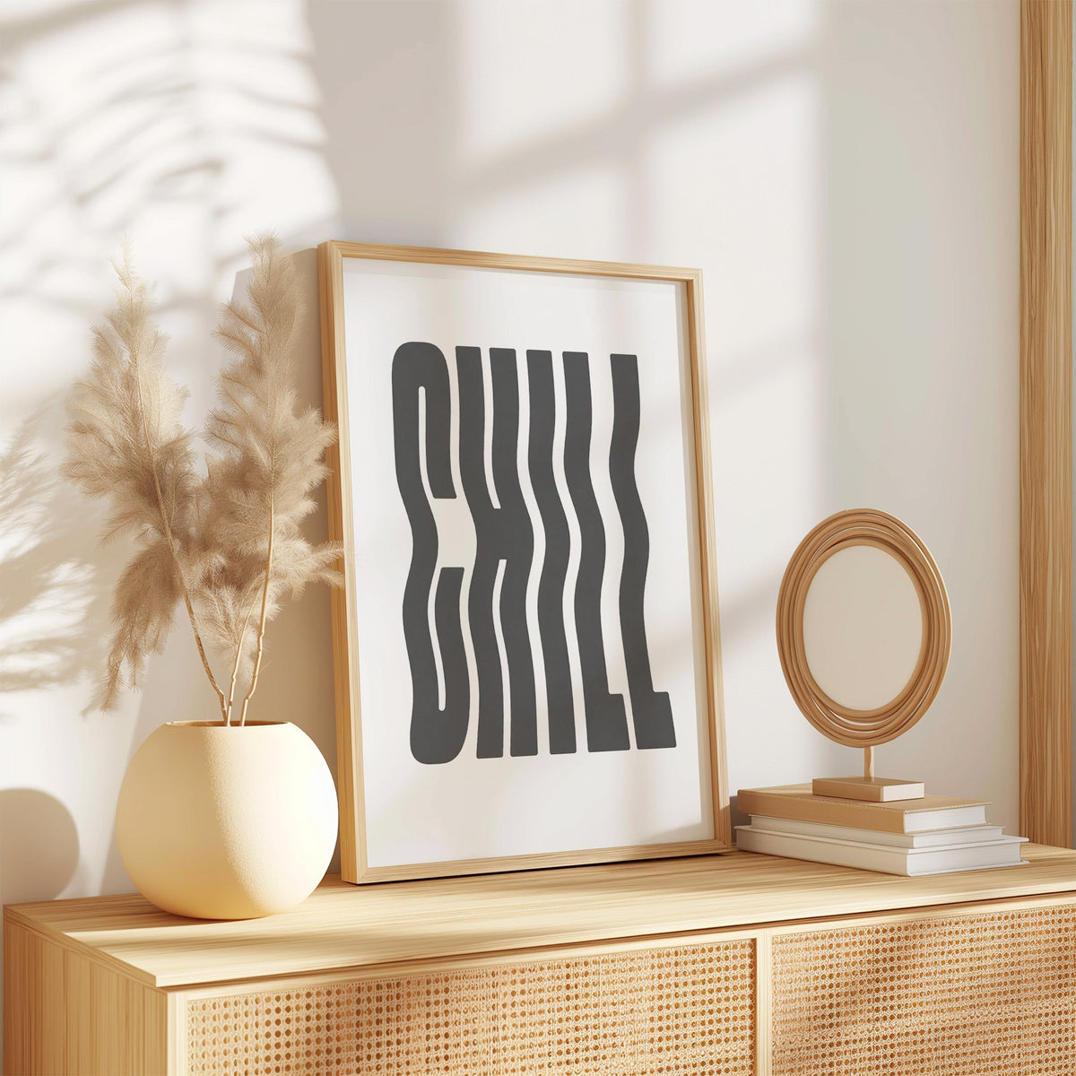 Wavy CHILL lettering on white print in an oak frame on a rattan sideboard beside pampas grass