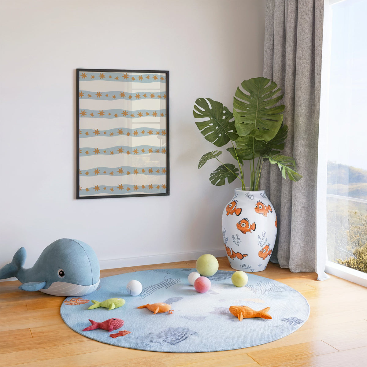 Wavy stripe stars pattern nursery print in a black frame in a playroom with an ocean rug and whale plush