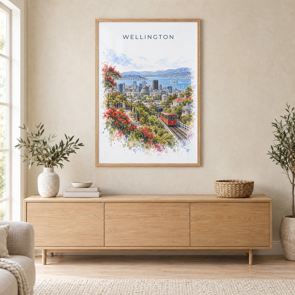 Wellington watercolor print in an oak frame above a light wood sideboard in a Scandinavian living room