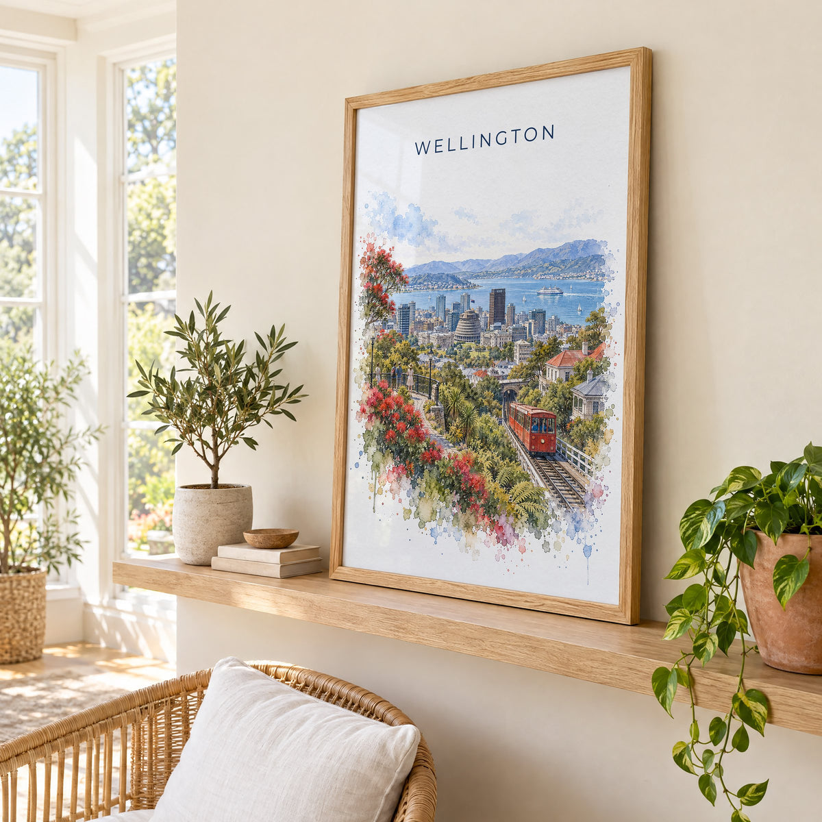 Wellington watercolor print in an oak frame on a picture ledge in a sunlit sunroom