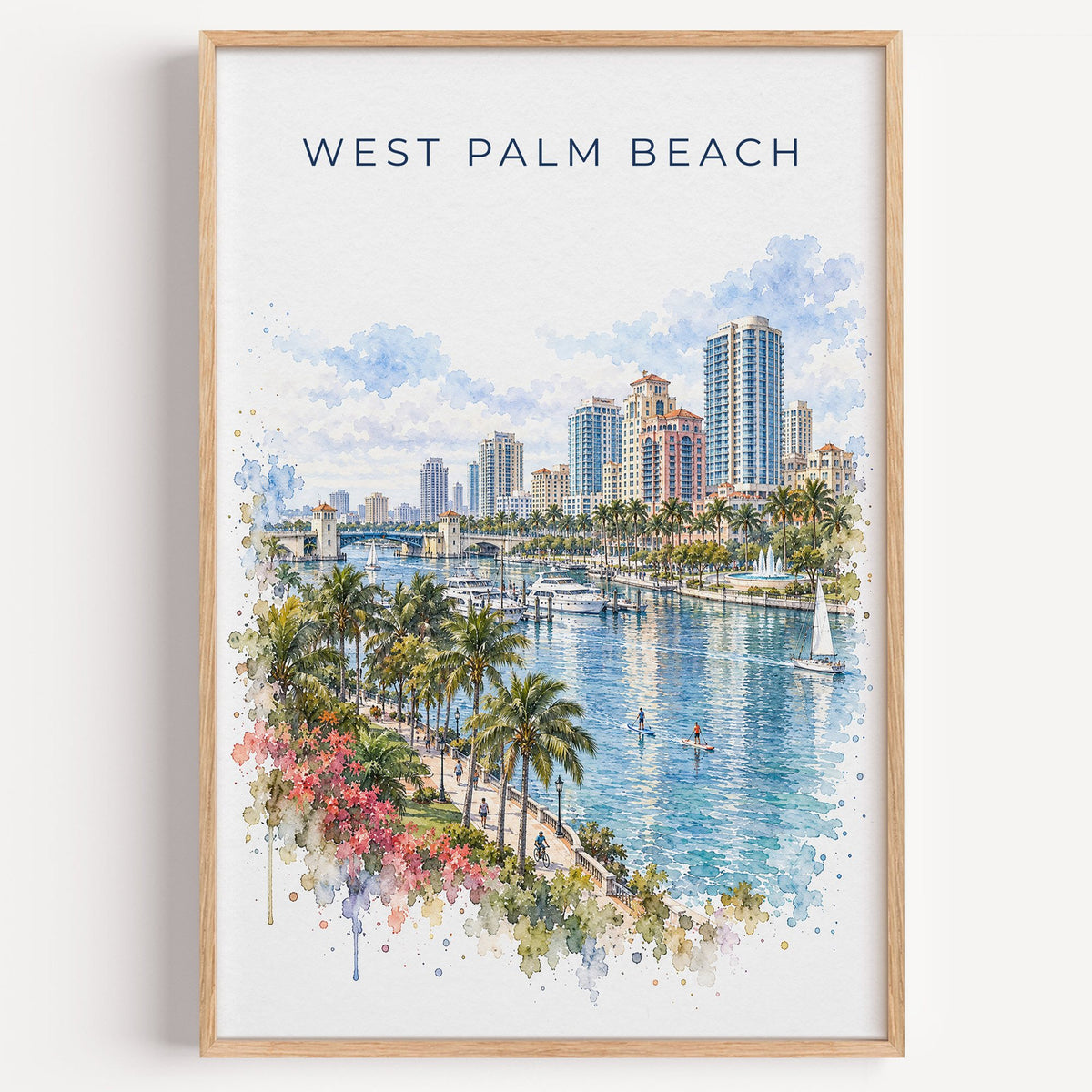 West Palm Beach watercolor print in a light oak frame on a plain white wall