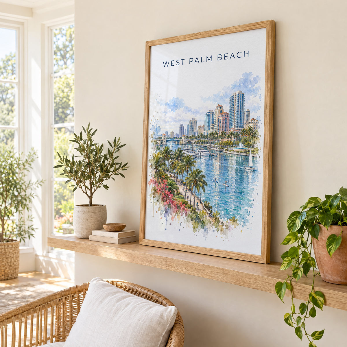 West Palm Beach watercolor print in an oak frame on a picture ledge in a sunlit sunroom