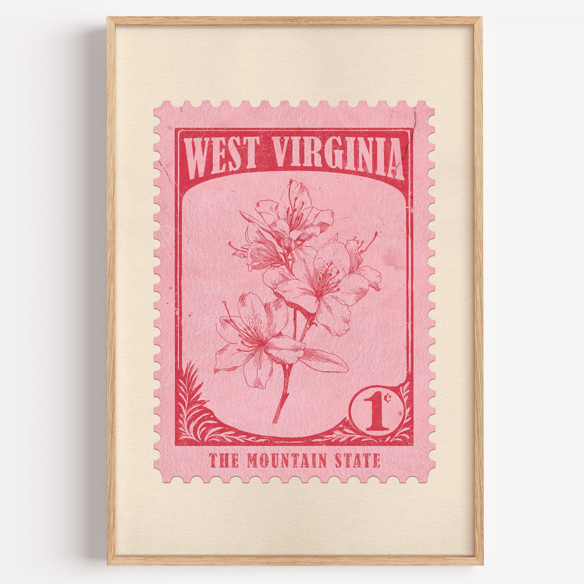 West Virginia state flower stamp print in crimson on pink, light oak frame on a plain white wall