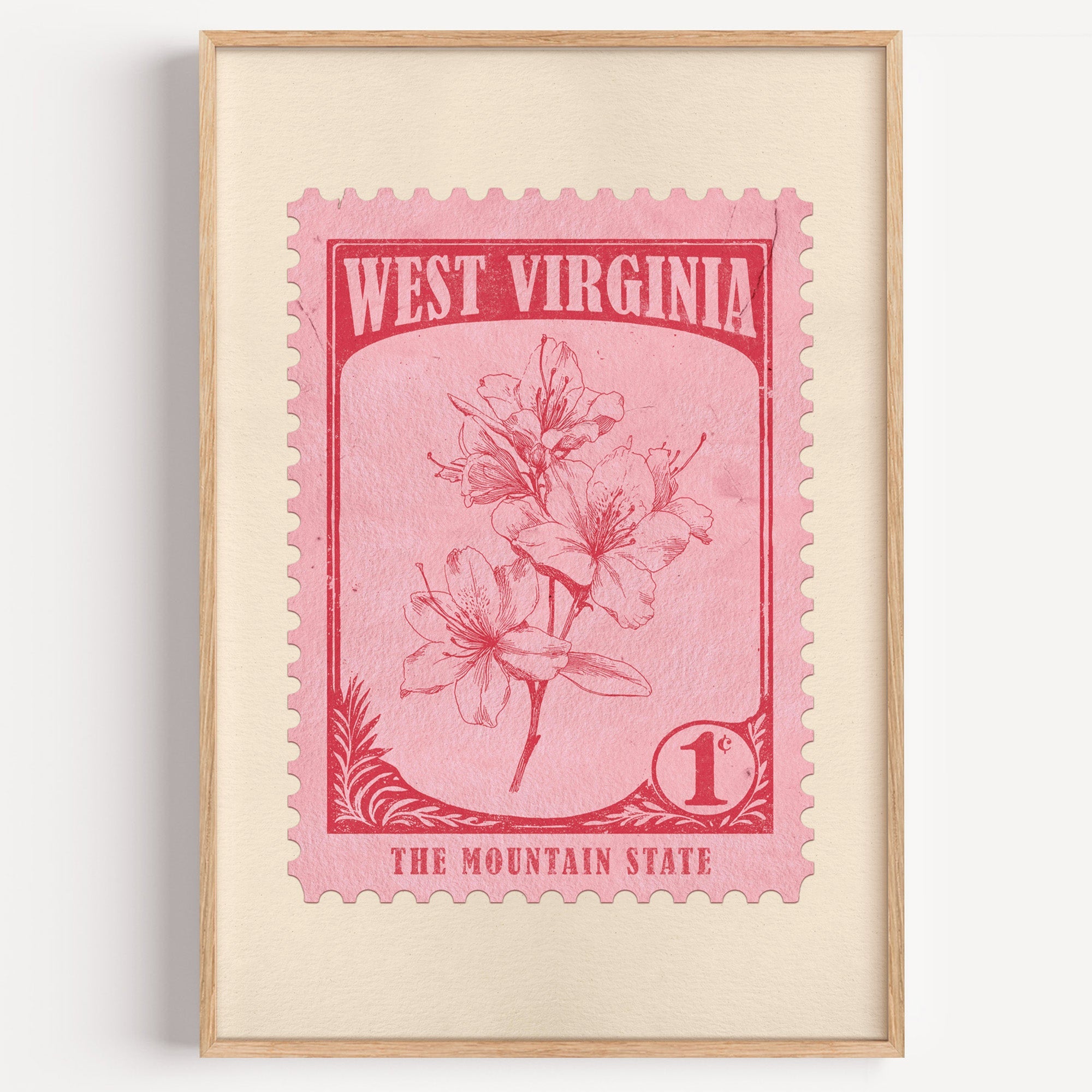 West Virginia state flower stamp print in crimson on pink, light oak frame on a plain white wall