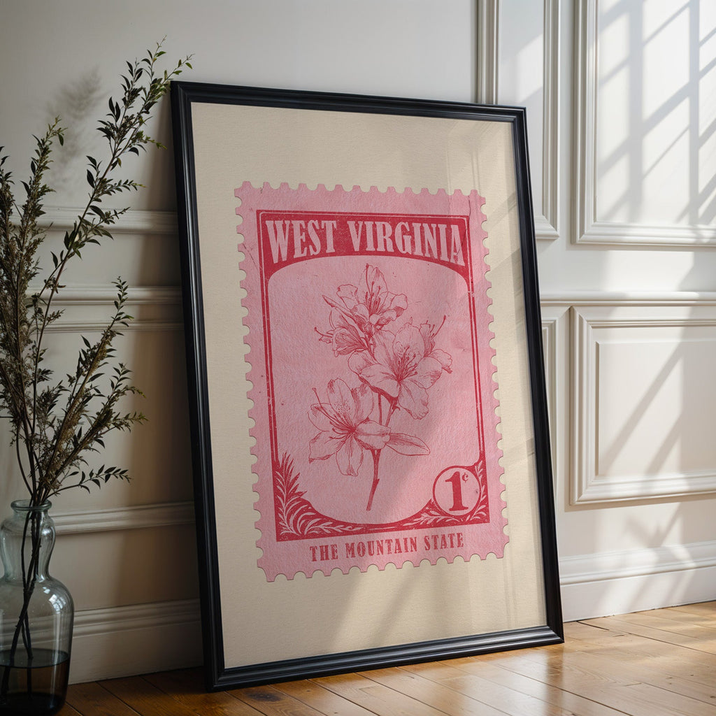 West Virginia state flower print in a black frame leaning on a white panelled wall by olive branches