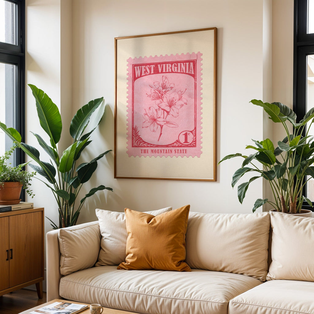 West Virginia state flower print framed above a cream sofa with an ochre cushion and large plants