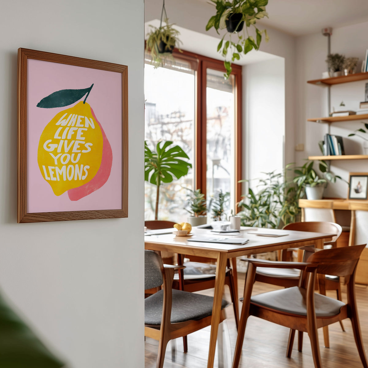 Lemon quote print in a walnut frame beside a mid-century dining table