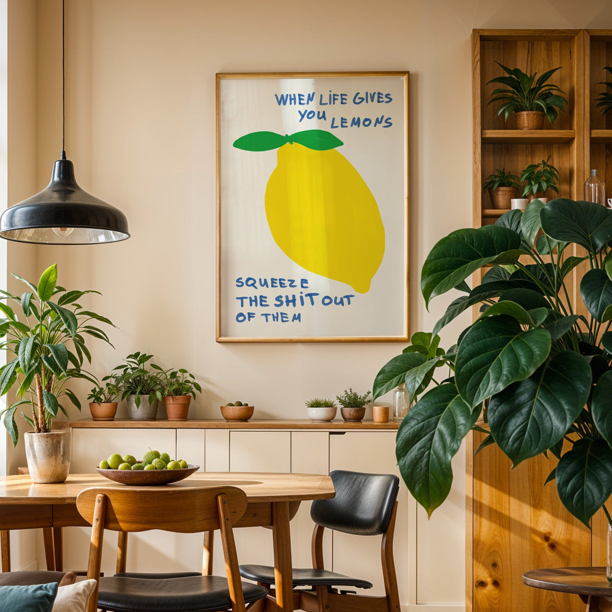 When life gives you lemons print in an oak frame above a sideboard in a dining room