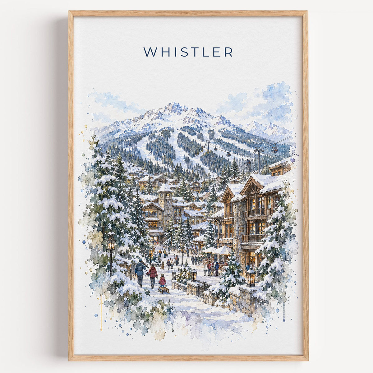 Whistler watercolor print in a light oak frame on a plain white wall