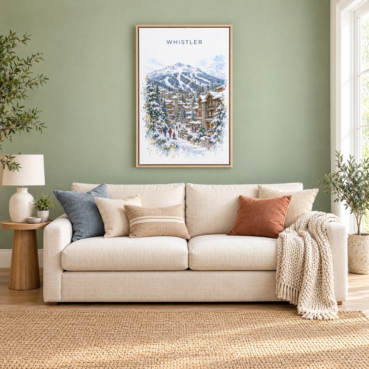 Whistler watercolor print as a natural floater canvas above a cream linen sofa on a sage green wall