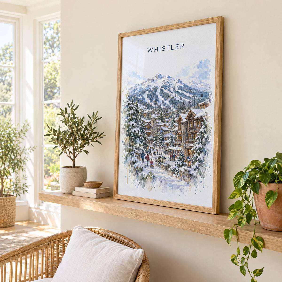 Whistler watercolor print in an oak frame on a picture ledge in a sunlit sunroom