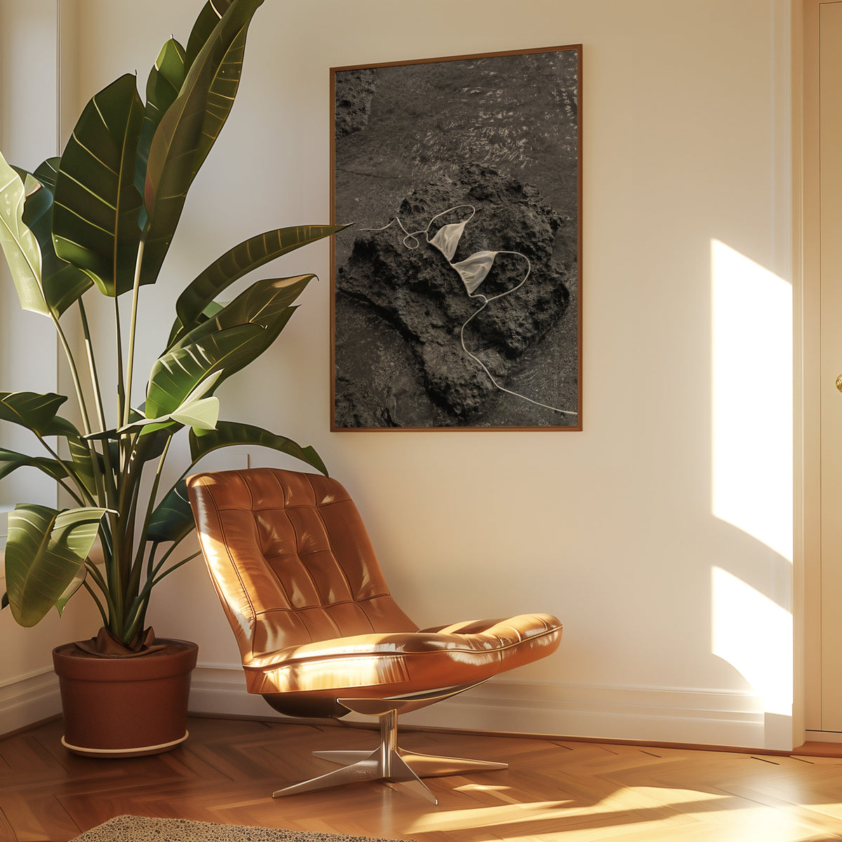 White bikini top on dark volcanic rock print in a walnut frame above a leather lounge chair