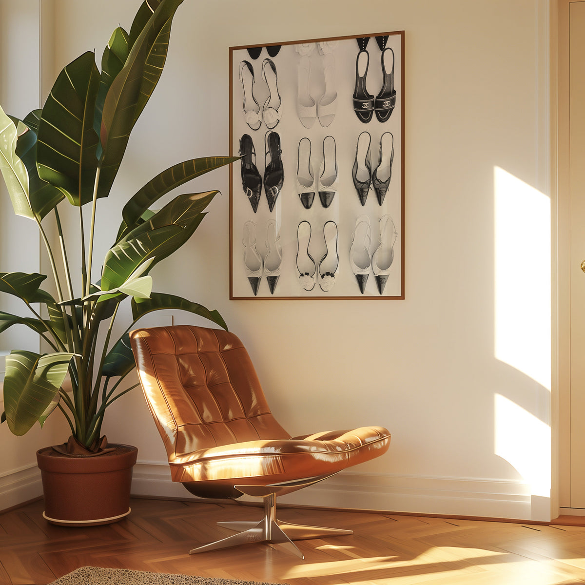 Nine pairs of mules and slingbacks in a grid print in a walnut frame above a leather lounge chair