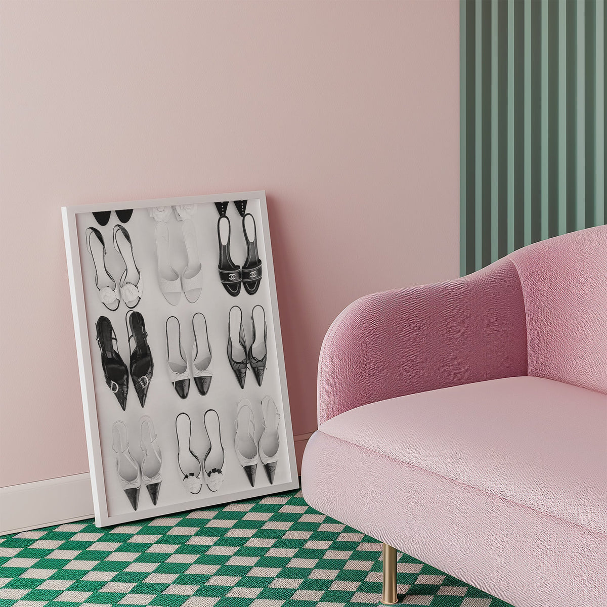 Nine pairs of mules and slingbacks in a grid print in a white frame beside a pink armchair on a checkered floor