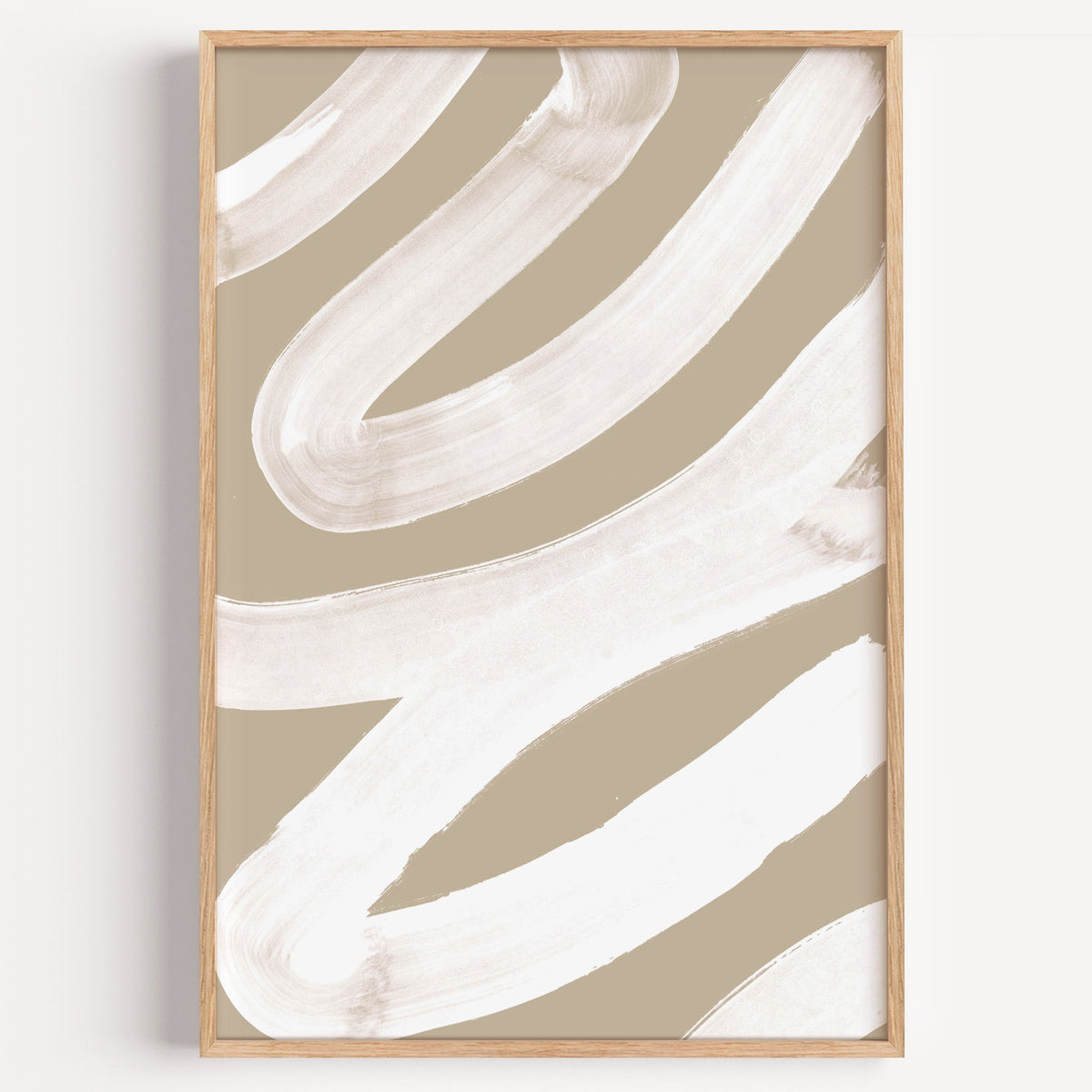 White brush zigzag on sand beige print in a light oak frame on a plain white wall