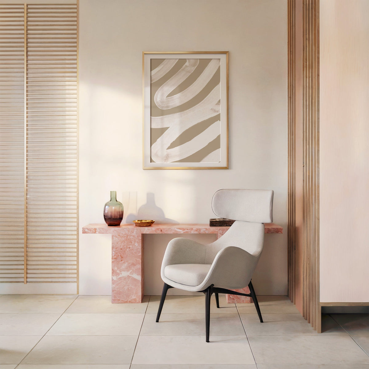 White brush zigzag on sand beige print shown in a gold frame with a mat above a pink marble console and armchair