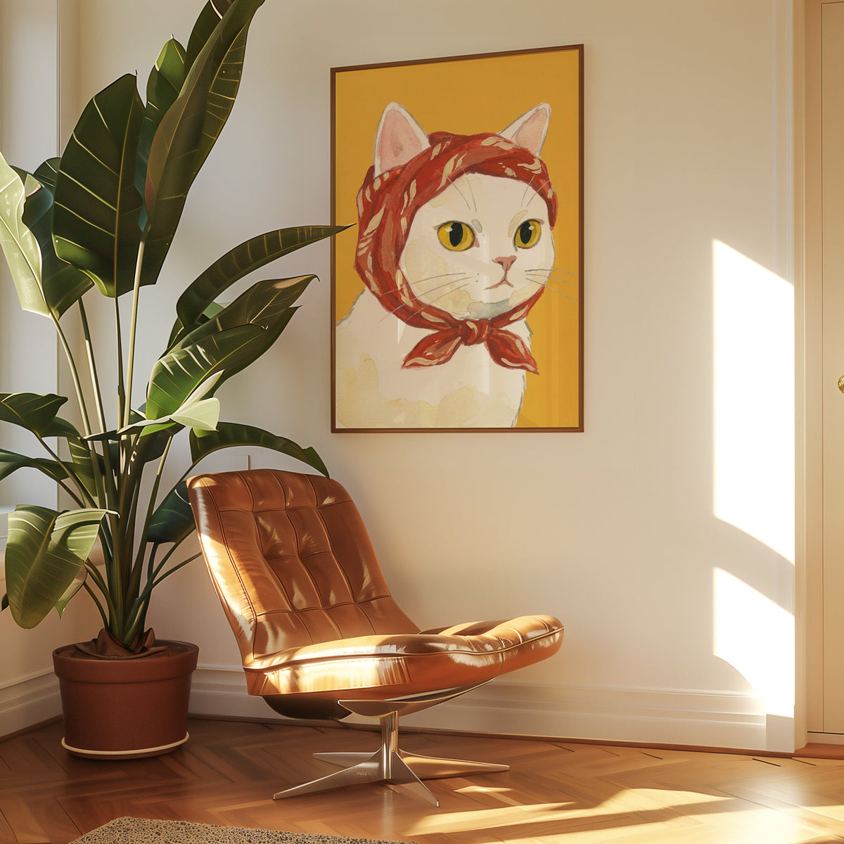 Cute cat portrait print in a slim walnut frame above a tan leather lounge chair