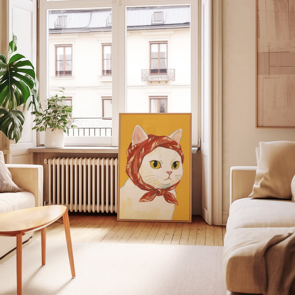 Cat in babushka scarf print in an oak frame leaning below tall French windows