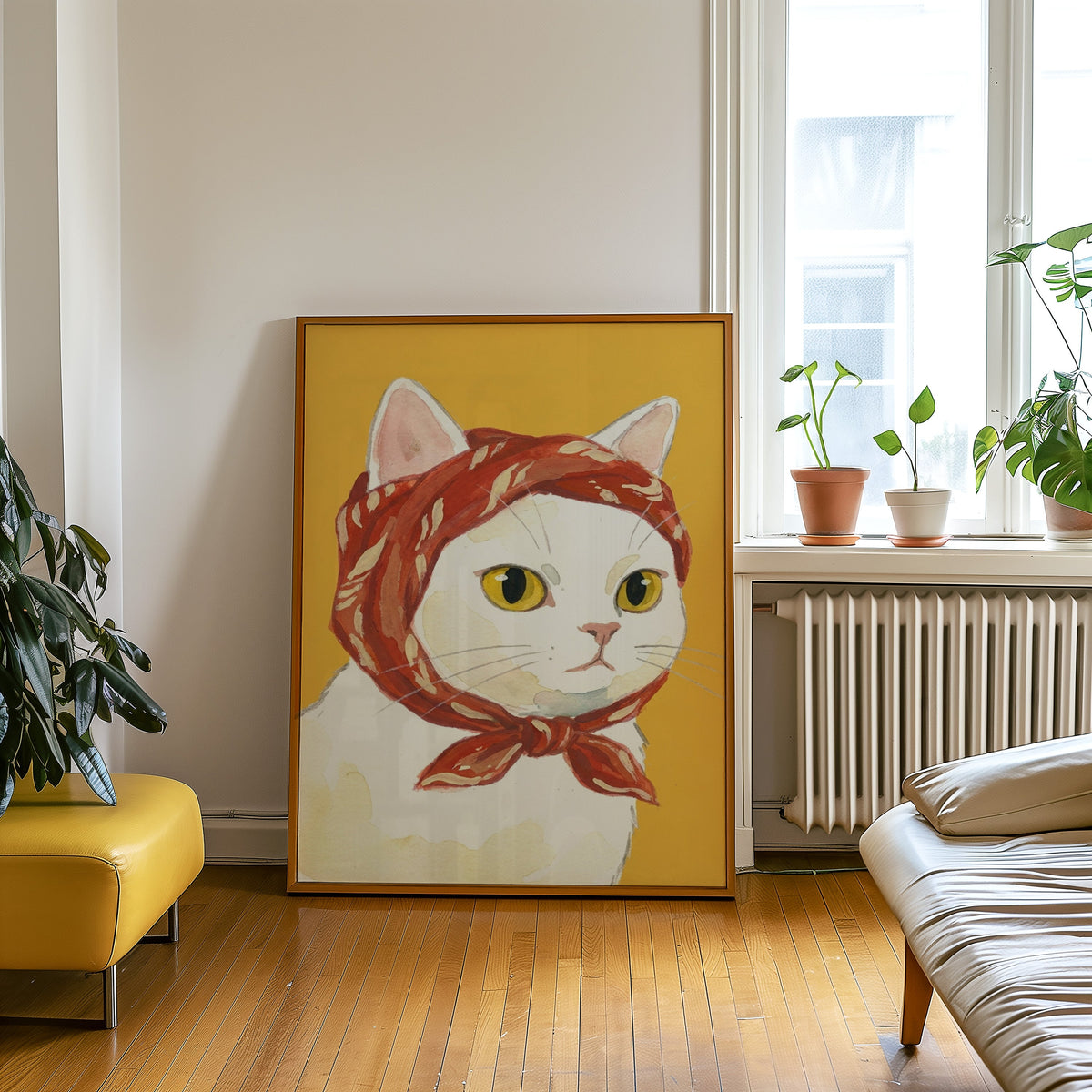 Watercolor white cat print in an oak frame leaning beside a yellow leather bench