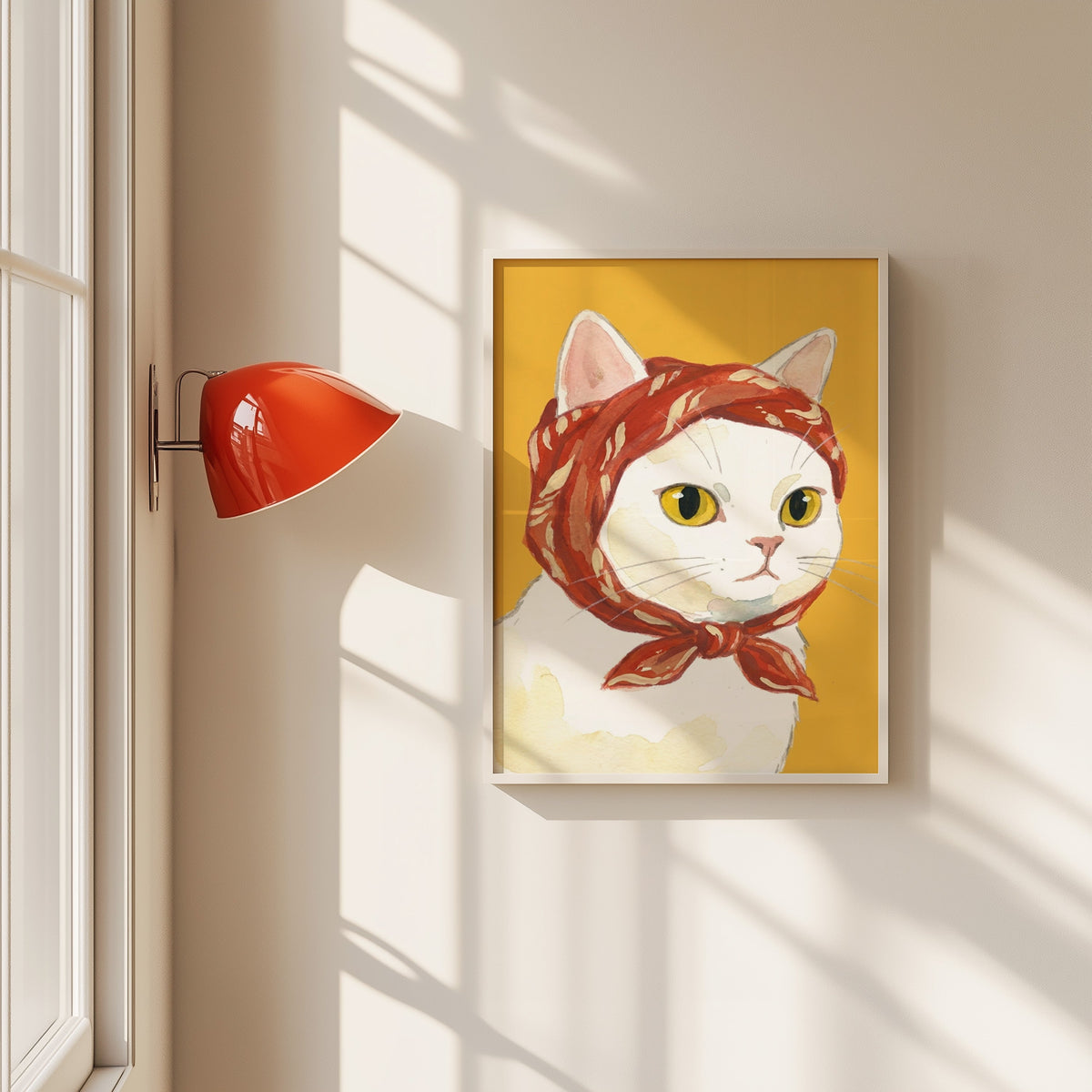 White cat in red headscarf print in a white frame beside a red wall sconce