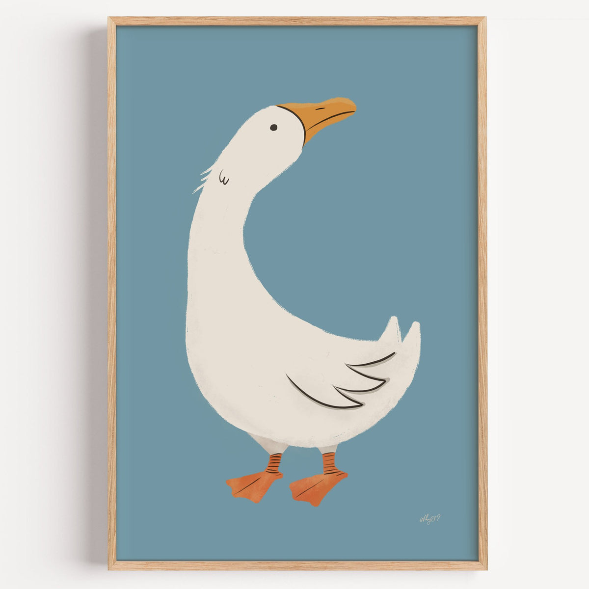 White goose on dusty blue nursery print in a light oak frame on a plain white wall