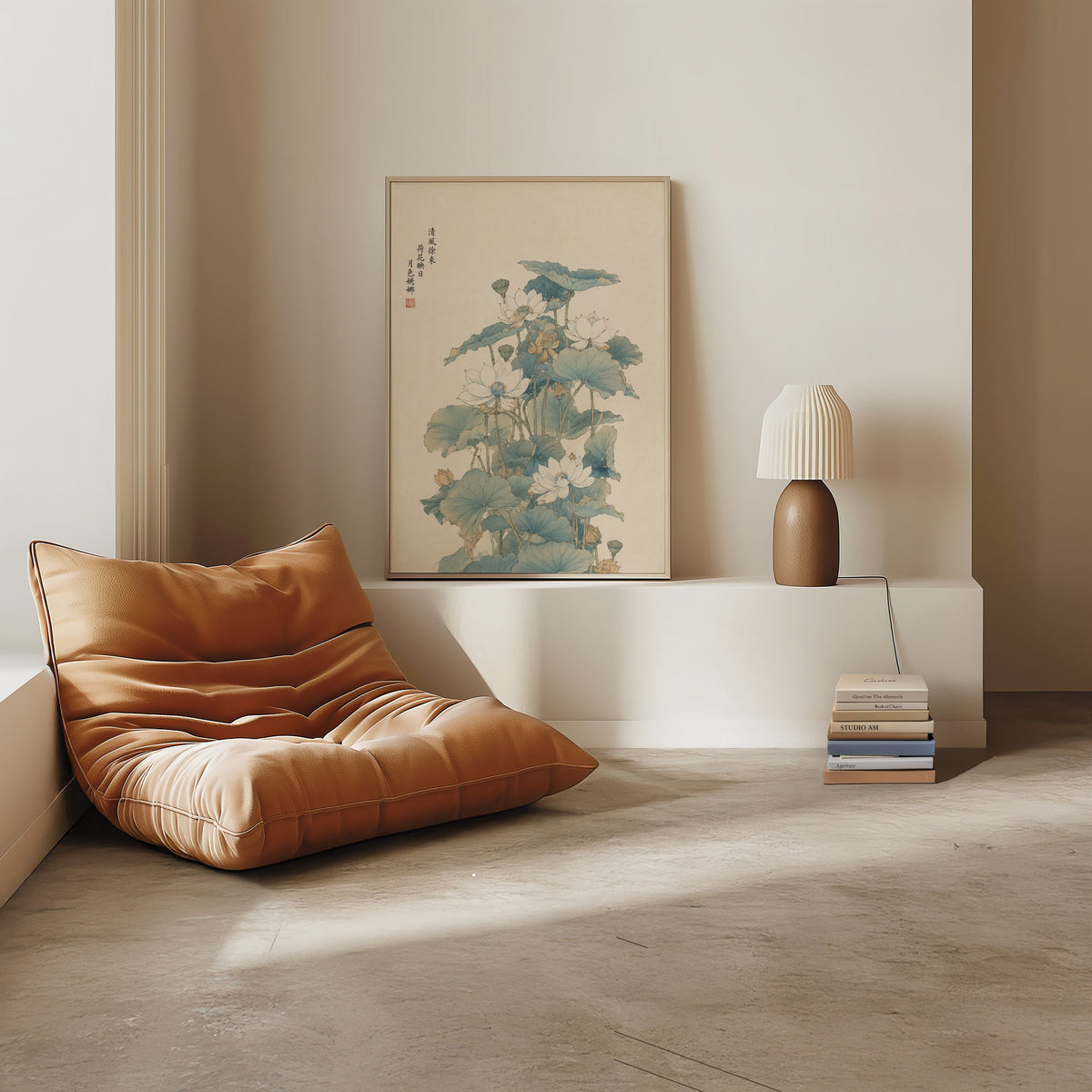 white lotus pond with verse print in a light oak frame on a white ledge by a tan leather floor chair