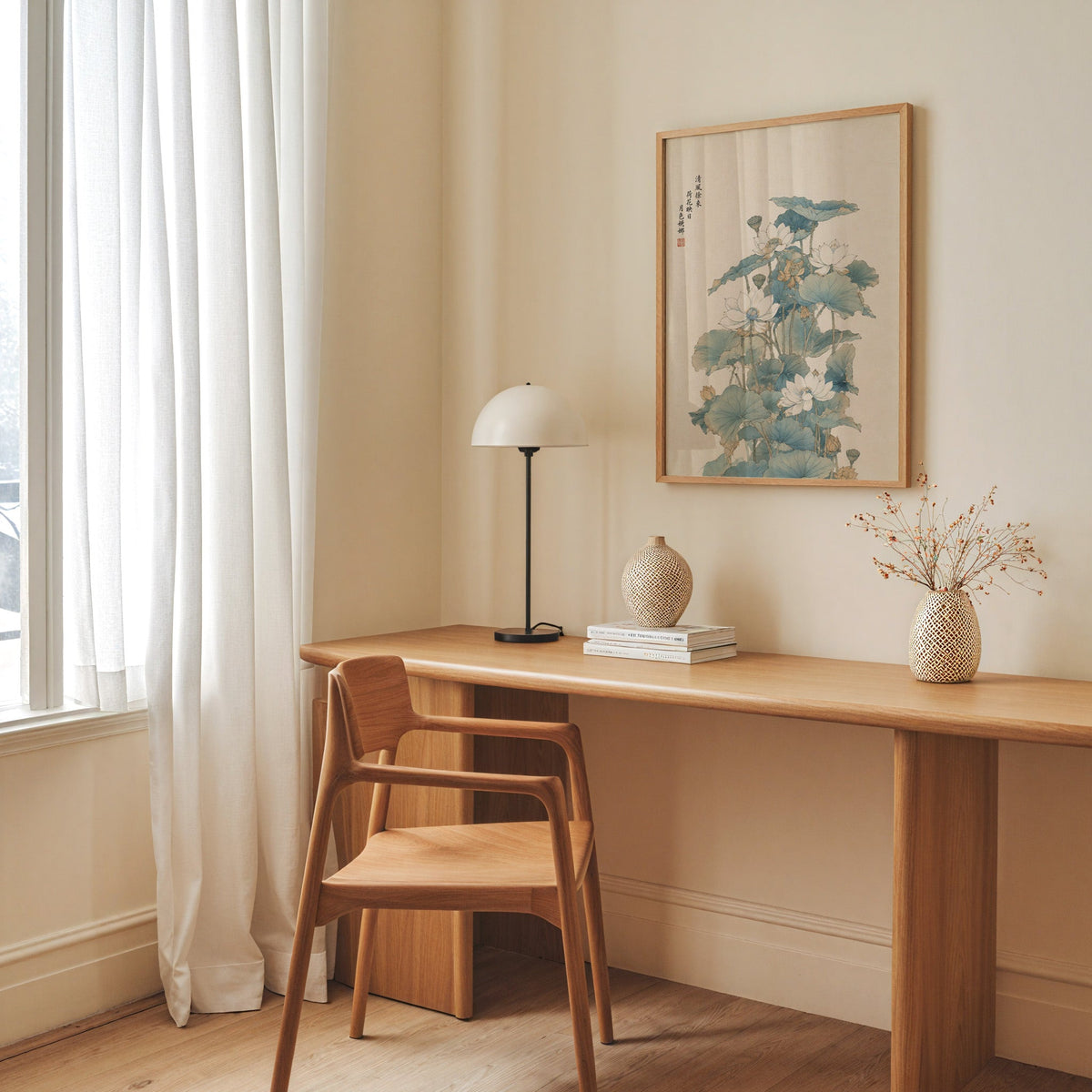 white lotus pond with verse print in an oak frame above a long oak desk with a white dome lamp and woven vases