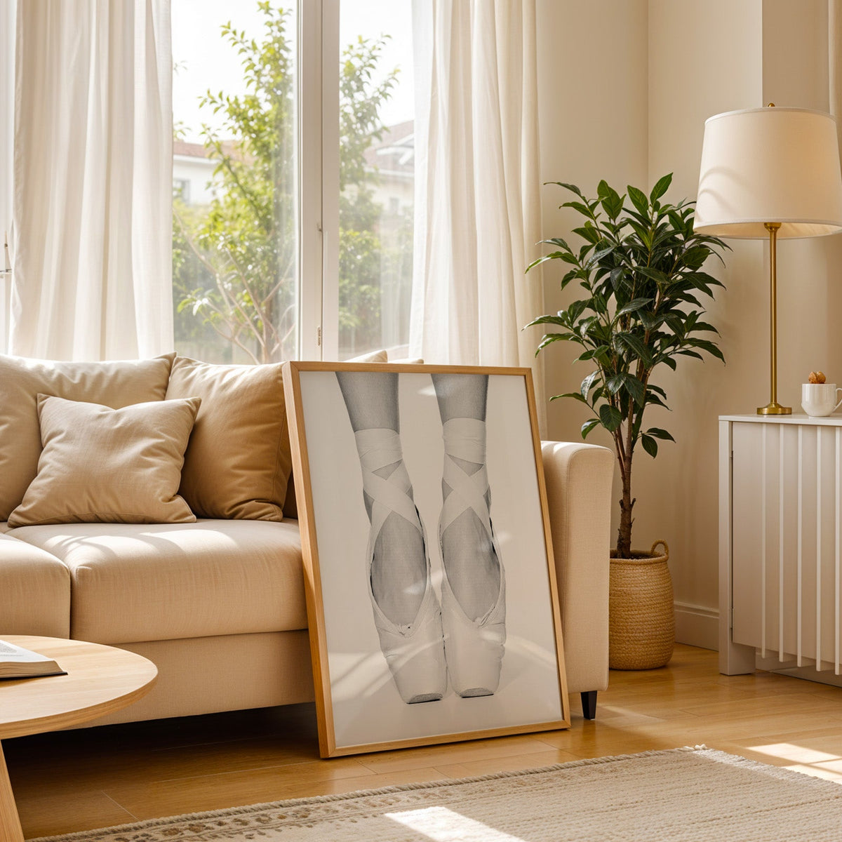 White pointe shoes with crossed ribbons close-up print in a light oak frame leaning on a cream sofa beside a floor lamp