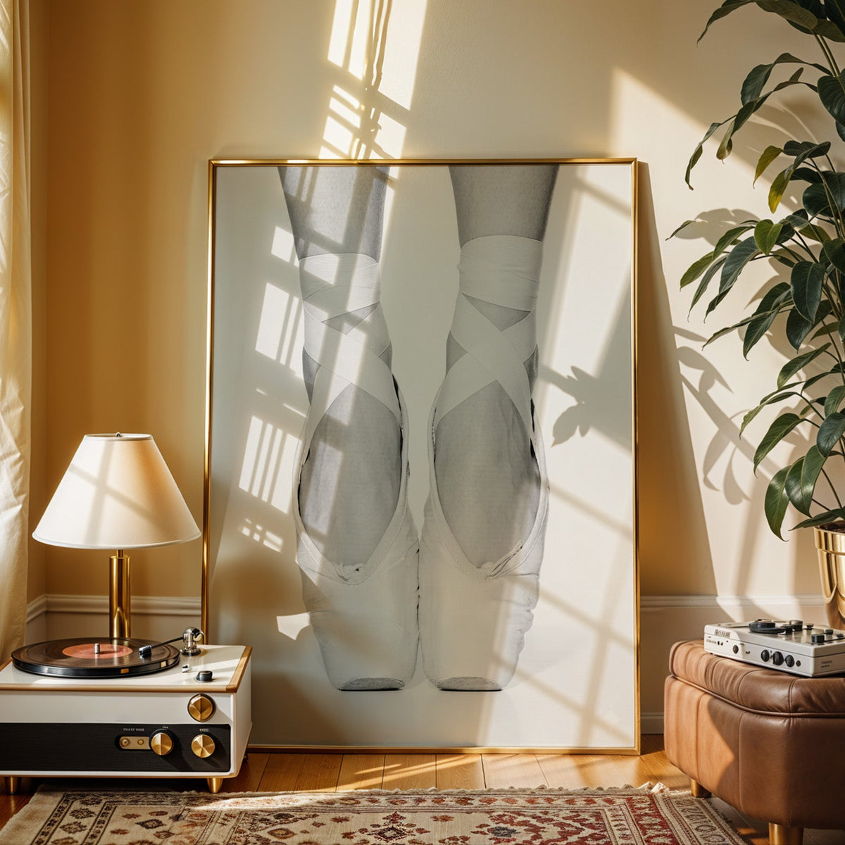 White pointe shoes with crossed ribbons close-up print shown in a gold frame beside a record player and table lamp